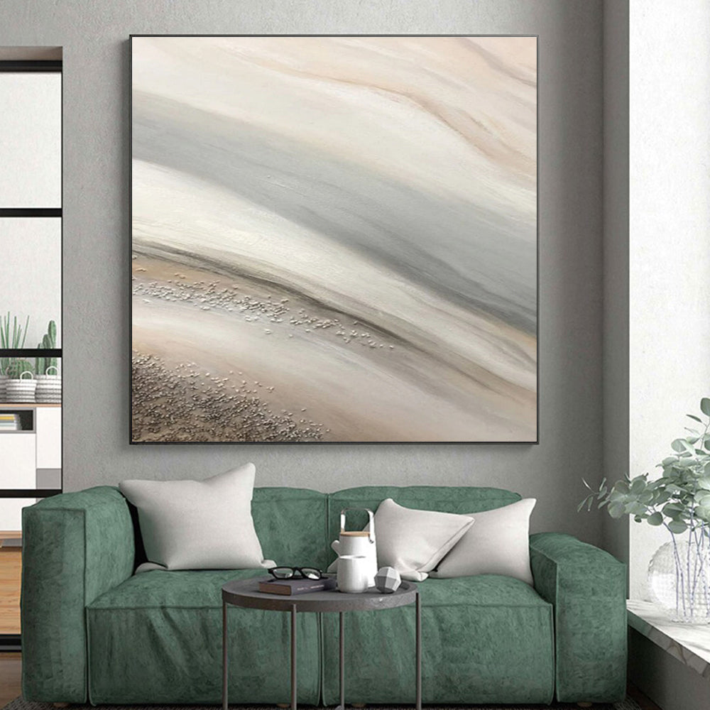 Hand Painted Art Beige and Gray Flowing Textures with Metallic Accents, Oversized Abstract Wall Art HS544
