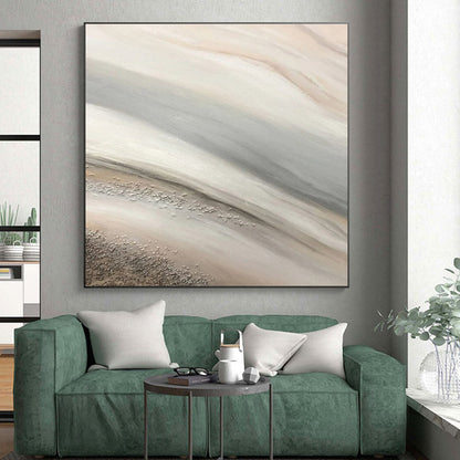 Hand Painted Art Beige and Gray Flowing Textures with Metallic Accents, Oversized Abstract Wall Art HS544