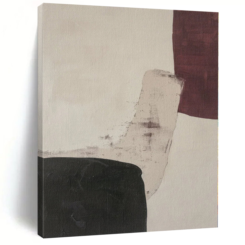 Hand-Painted Black, Beige, and Maroon Abstract Shape Painting For Sale HS025