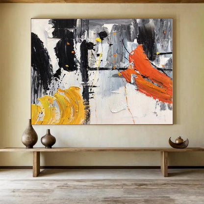 Large Size Black, White, Orange and Yellow Abstract Expressionist Painting WB061