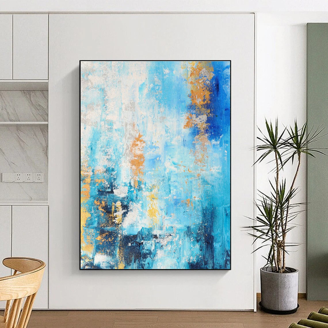 Hand-Painted Blue, Gold & White Textured Abstract, Acrylic Modern Art Painting HS281