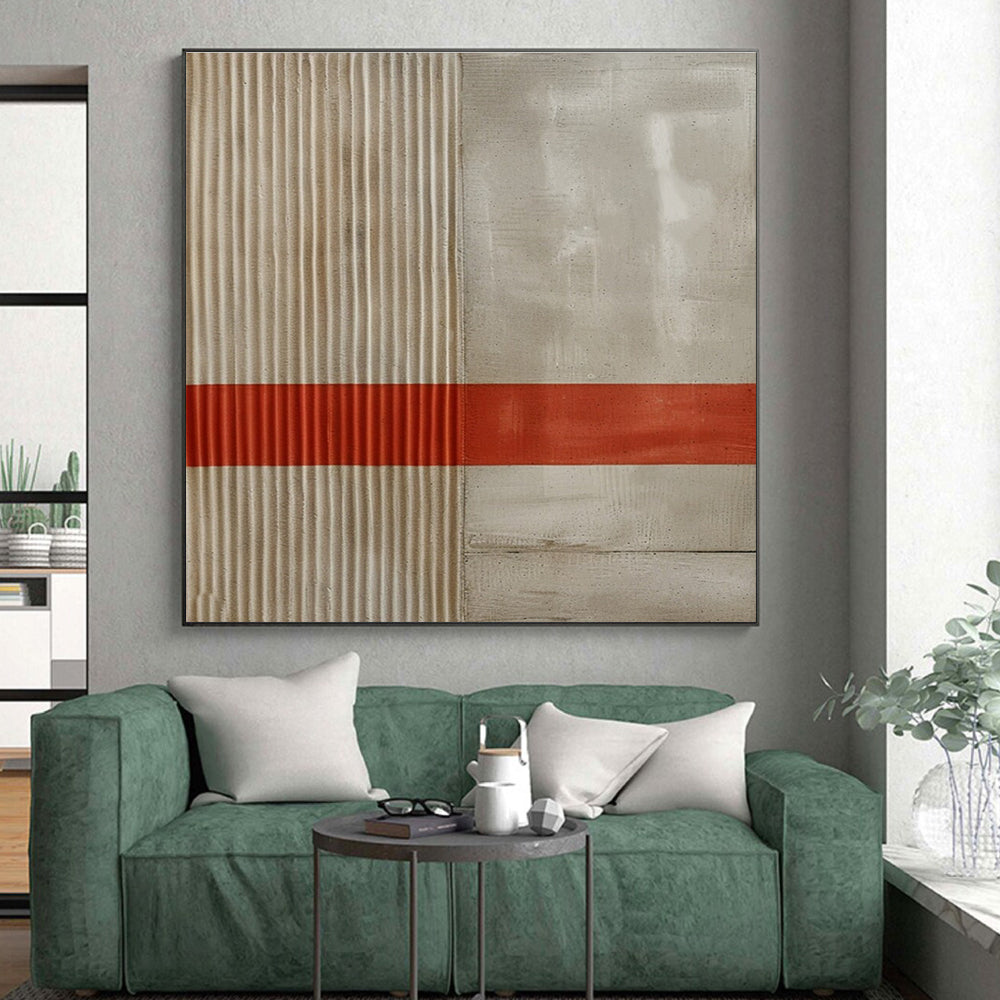 Minimalist Canvas Art Beige & Red Geometric Abstract, Handmade Art HS203