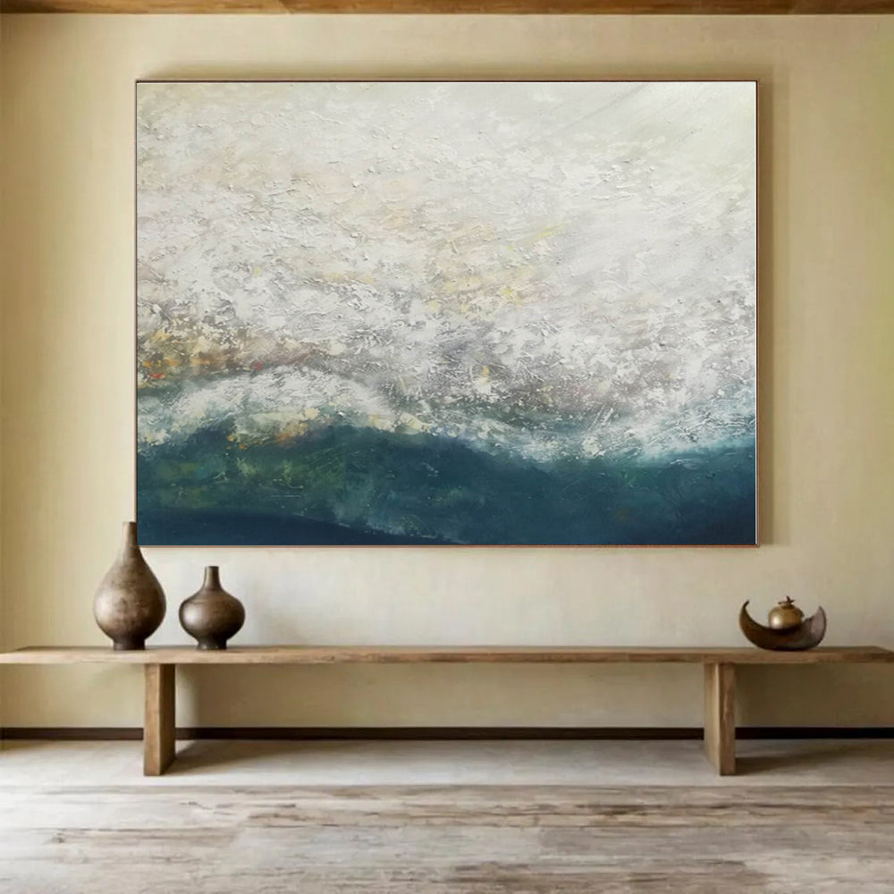 Large Size White and Teal Abstract Ocean Wave Painting WB081