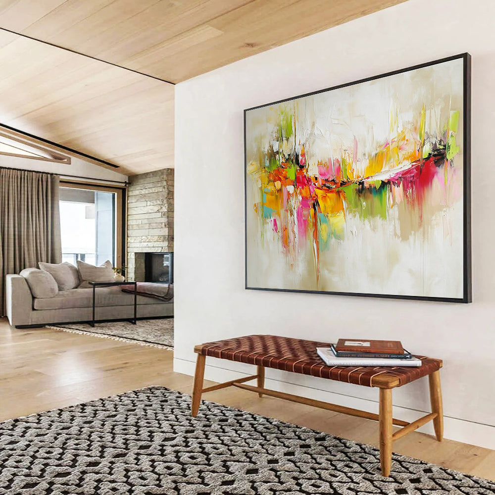 Huge Size Multicolored (Pink, Orange, Green, Yellow) Abstract Textured City - Acrylic Painting WB298