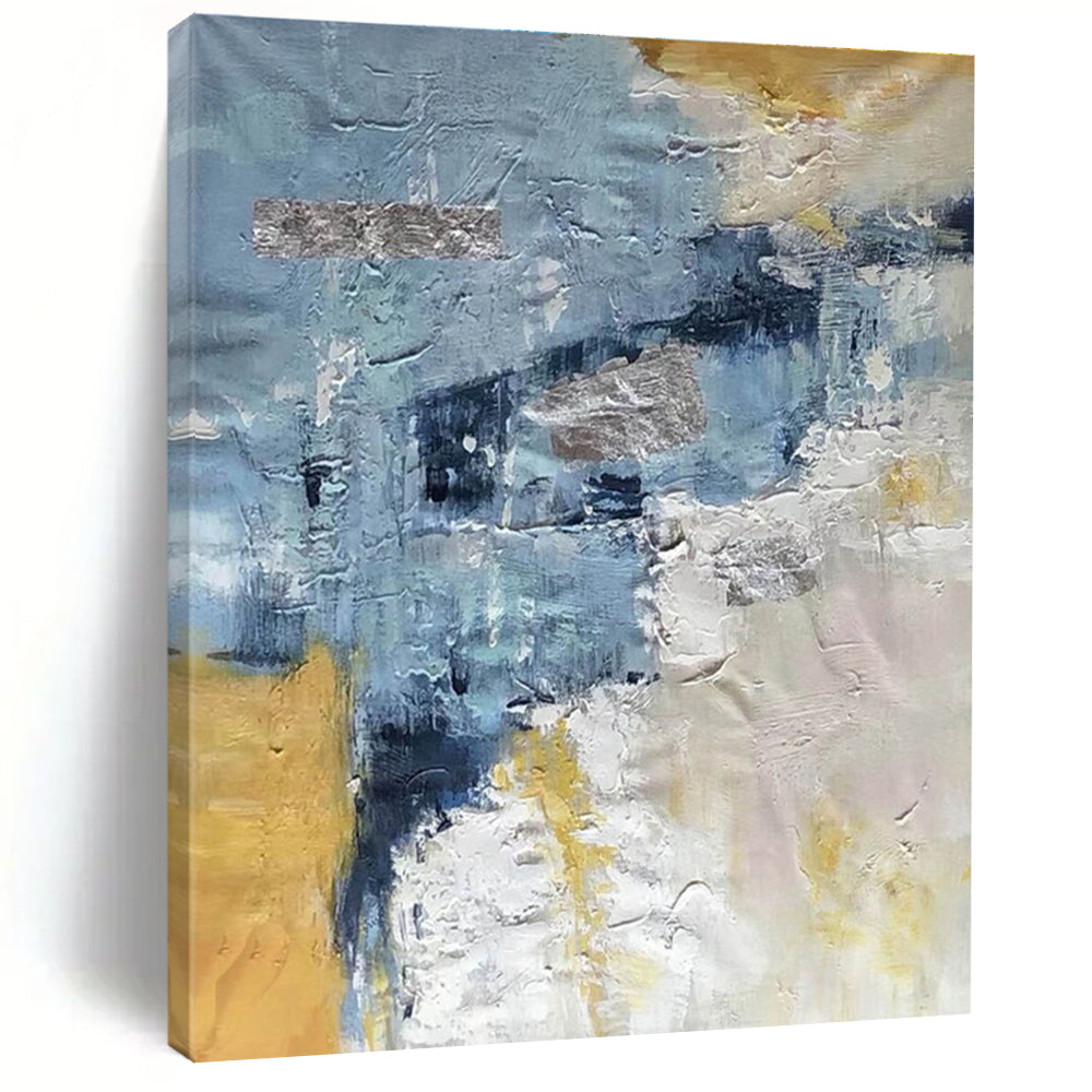 Hand-Painted Blue, Gold & Gray Textured Abstract, Modern Art Acrylic HS250