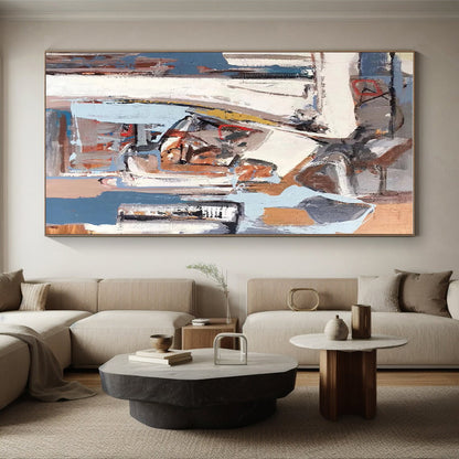 Hand Painted Art Gray, Blue & Terracotta Geometric Abstract, 48x60 Canvas Art HS215