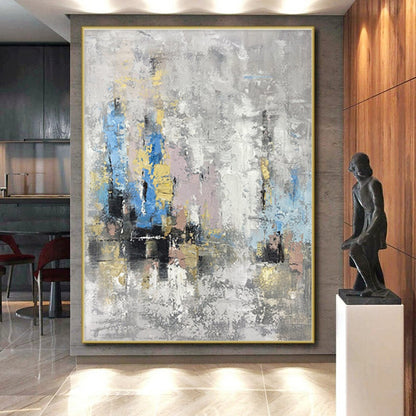 Hand Painted Art Gray, Blue & Gold Textured Abstract, Large Painting In Living Room HS244