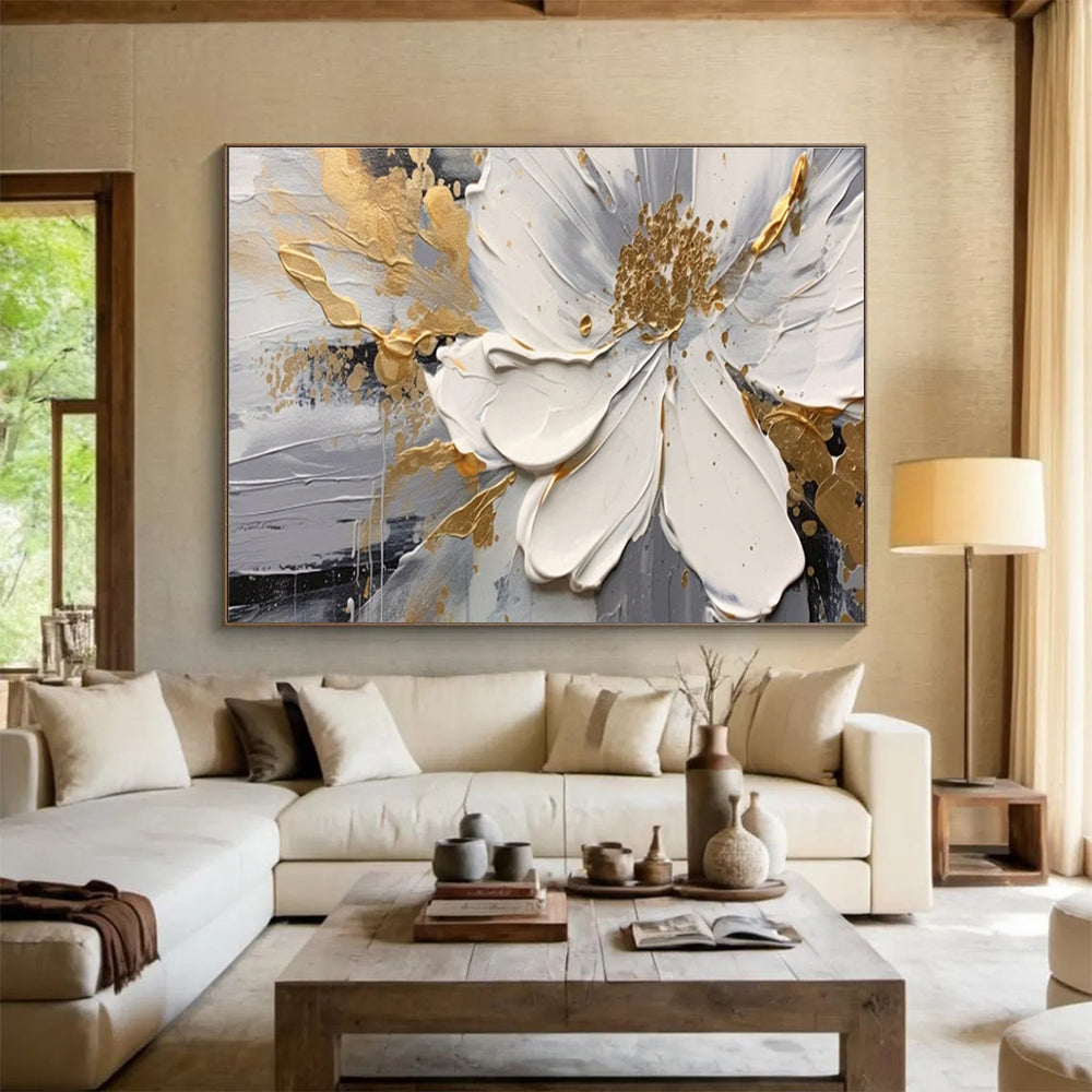 White, Gray, Gold Abstract Floral Art For Sale WB394