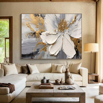 White, Gray, Gold Abstract Floral Art For Sale WB394