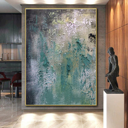 Hand Painted Art Teal, Green, and Gray Textured Abstract Painting On Canvas HS783