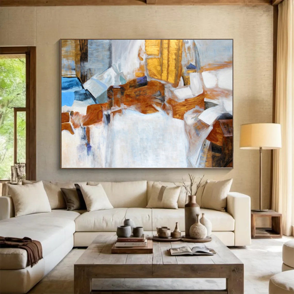 Hand-Painted Brown, White, and Blue Geometric Abstract Painting For Sale HS003