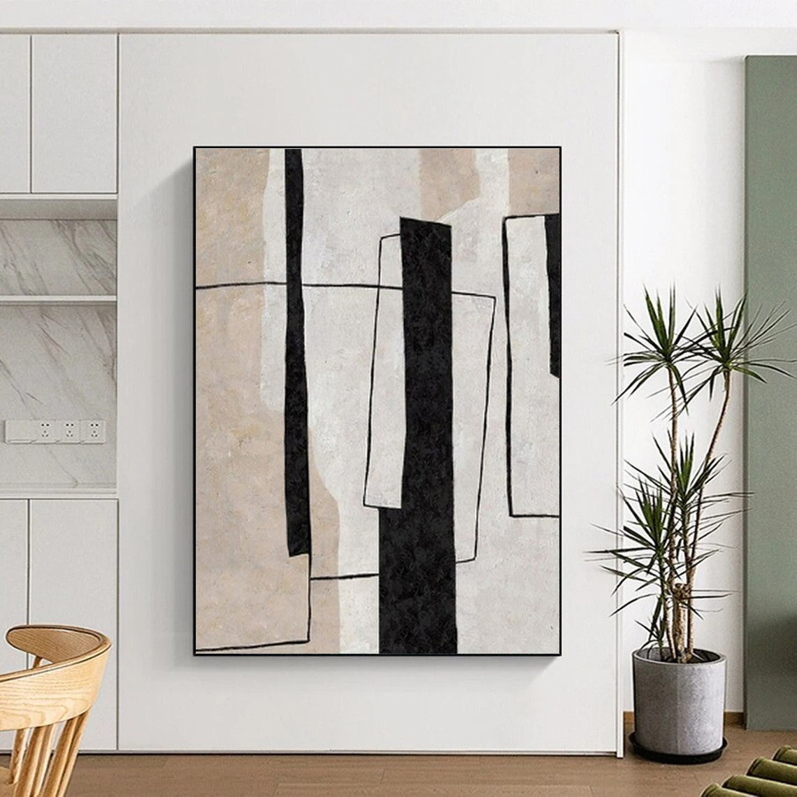 Modern Art Acrylic Black, Beige, and White Geometric Abstract Art HS697