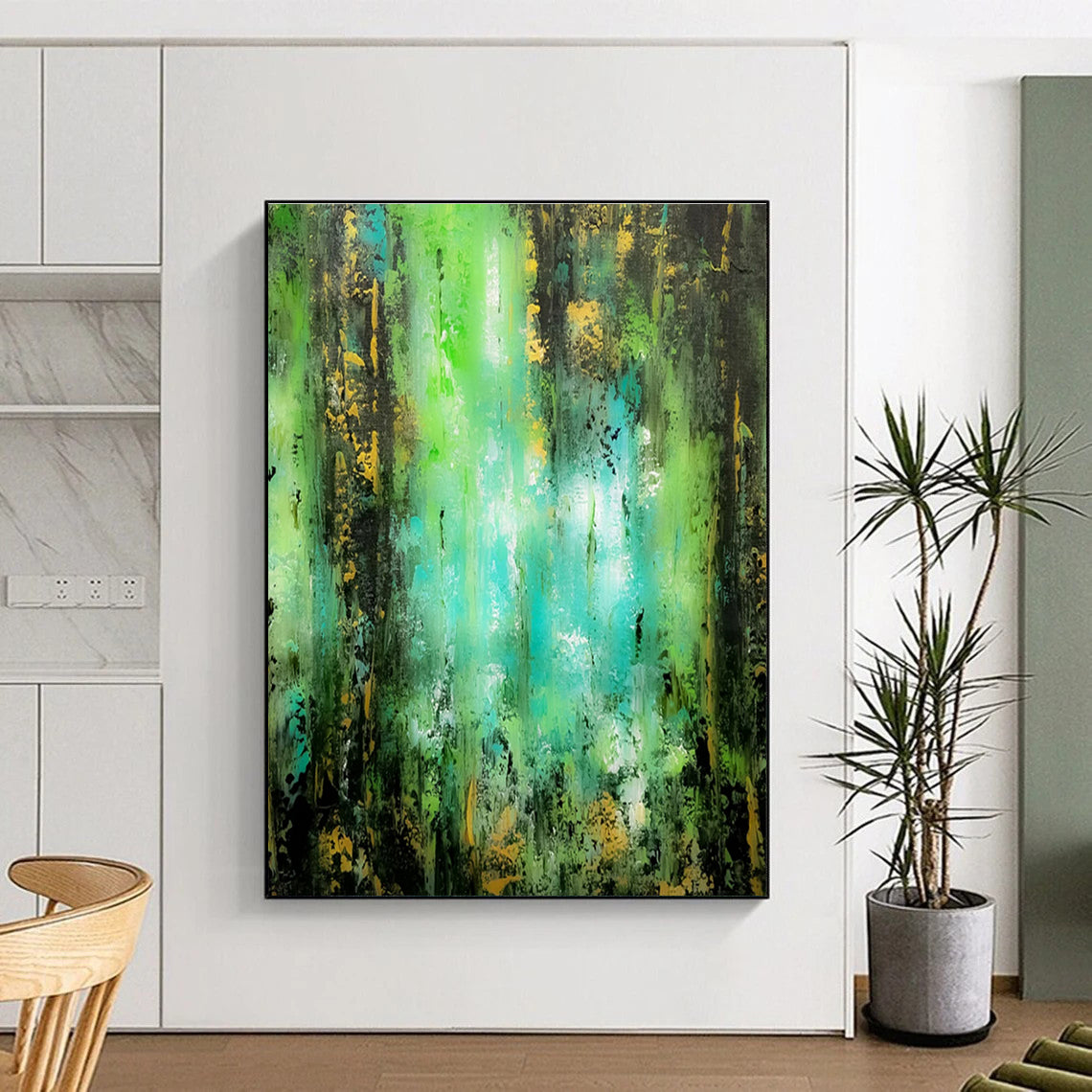 Acrylic Modern Art Paintings Green, Teal, and Gold Textured Abstract Art HS728