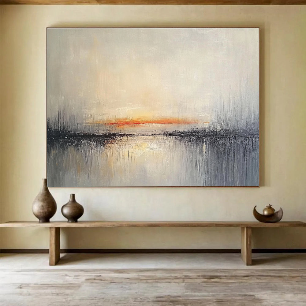 Big Size Gray, Orange, and White Abstract Sunset Over Water - Acrylic Painting WB272