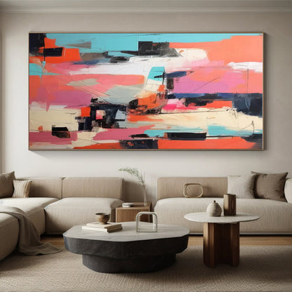 Hand-Painted Coral, Pink & Teal Geometric Abstract, Acrylic Modern Art Painting HS231