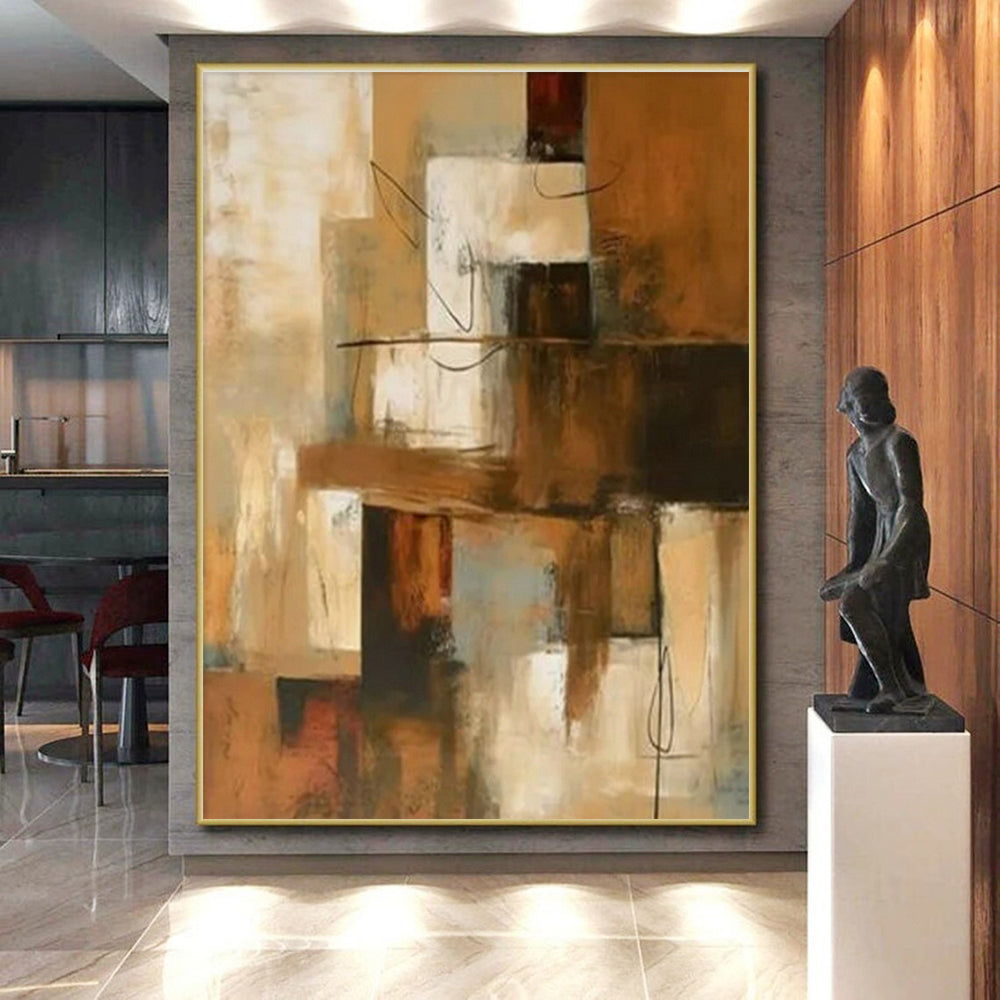 Hand-Painted Modern Art Acrylic with Brown, Beige, Gray Textures - Large Painting In Living Room HS517