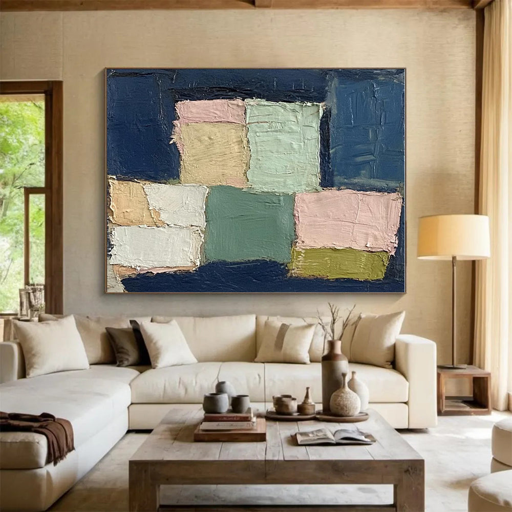 Hand Painted Art Navy & Pastel Blocks, Large Painting In Living Room HS205