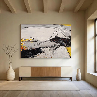 Oversized Canvas Art Black, White, and Yellow Abstract Linear Dynamic Art, Abstract Acrylic Painting WB185