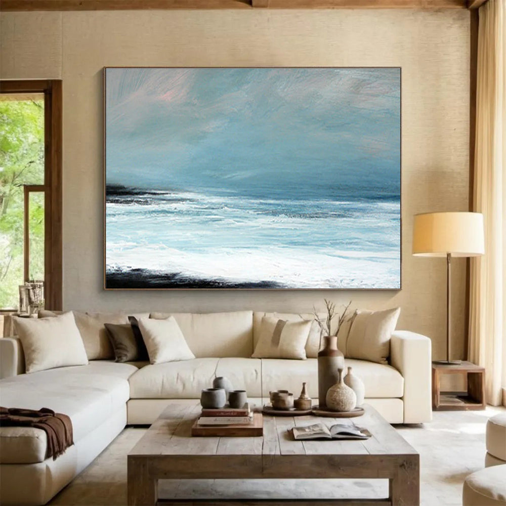 Horizontal Light Blue, White, and Black Abstract Coastal Waves, Abstract Oil Painting WB187