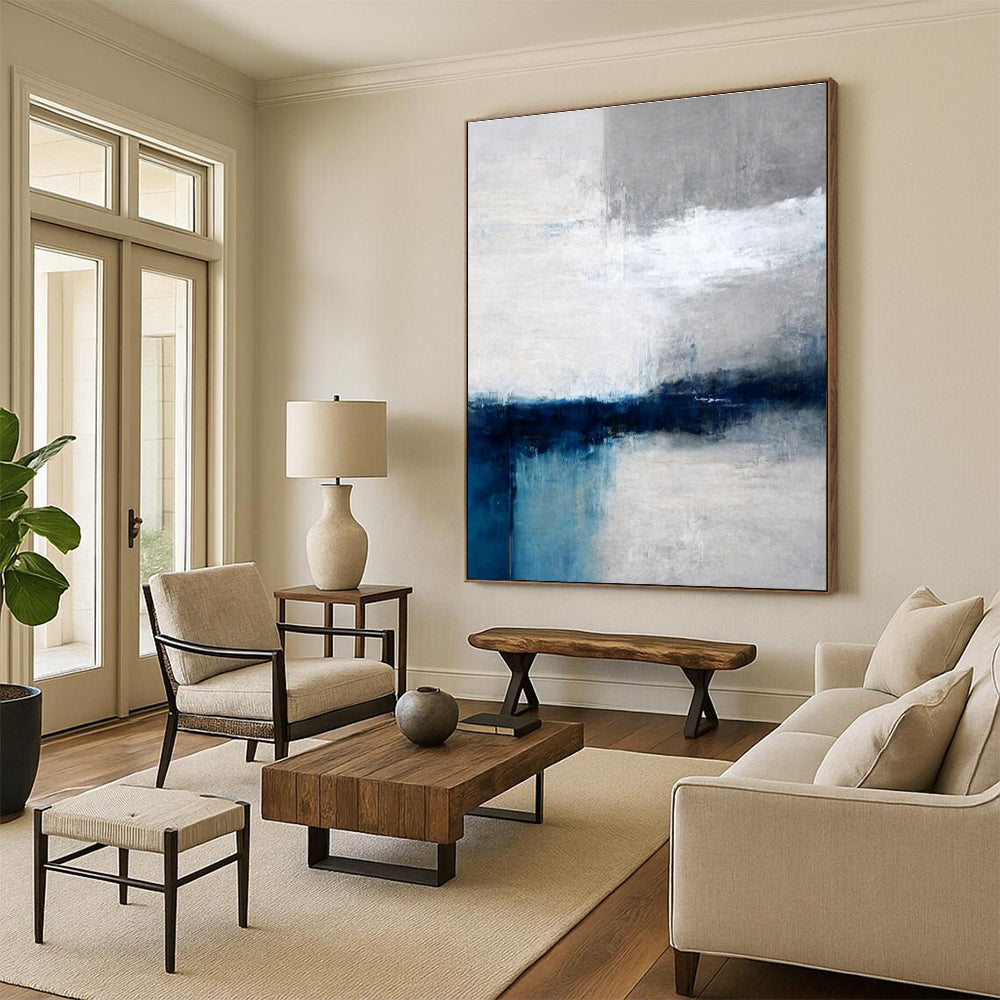 Modern Art Acrylic Blue, Gray, and White Abstract Landscape HS660