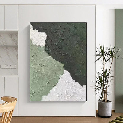 Hand-Painted Green and White Textured Abstract Shape Painting For Sale HS063