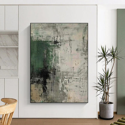 Modern Art Acrylic Green, Gray, and Neutral Textured Abstract Composition HS598