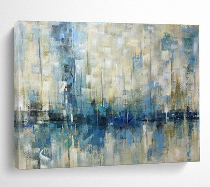Oversized Canvas Art Blue and Beige Abstract Harbor Reflection Painting WB057