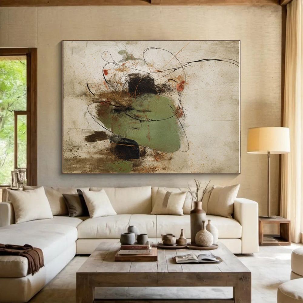 Gaint Canvas Art with Green, Black, Brown and Red Colors, Abstract Dynamic Theme HS500