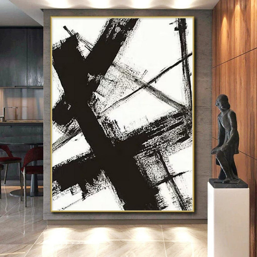 Hand-Painted Black and White Abstract Geometric Painting For Sale HS014