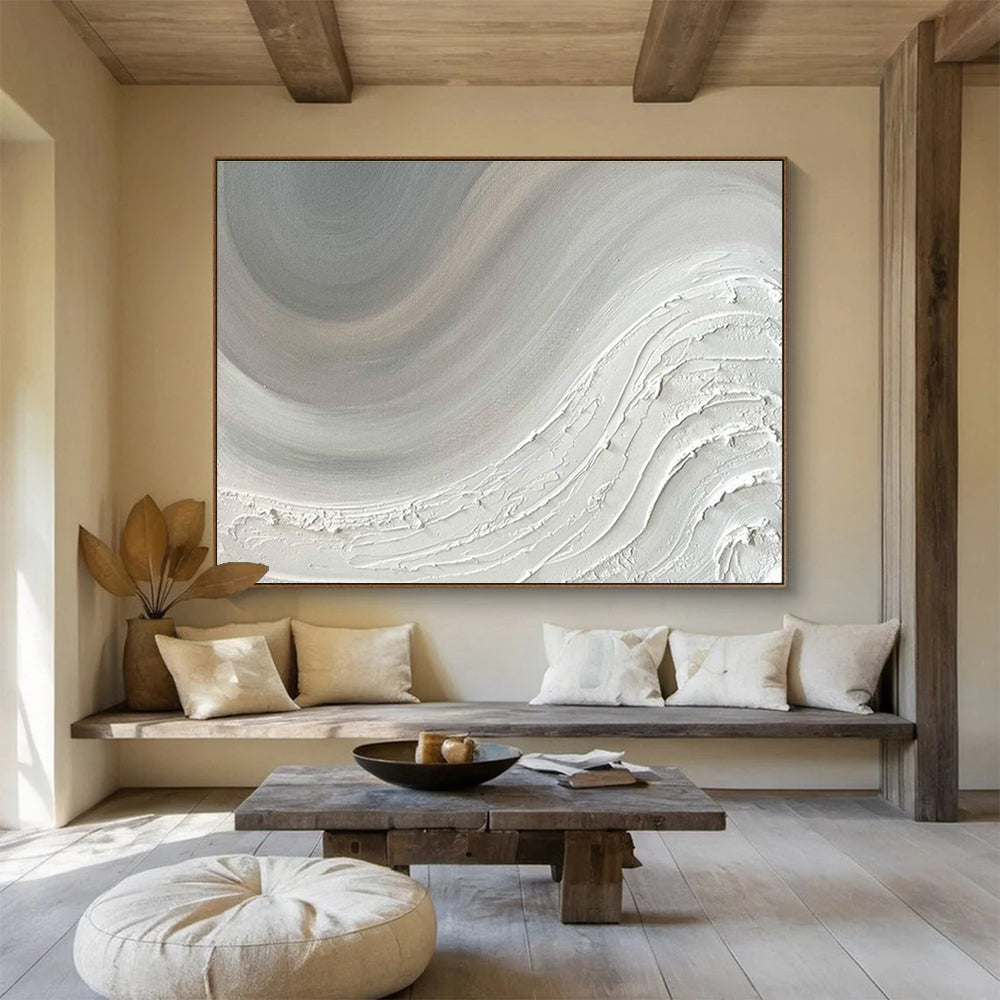 Modern Art Abstract Paintings: Monochromatic White Textured Wave Abstract Painting WB343