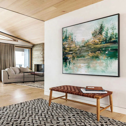 Contemporary Abstract Painting: Green and Beige Forest Lake Abstract Painting WB346