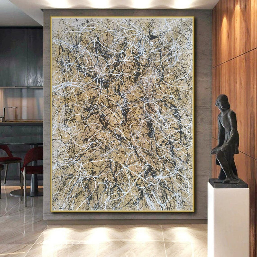 Acrylic Modern Art Paintings Beige, Black, and White Splatter Abstract Art HS617