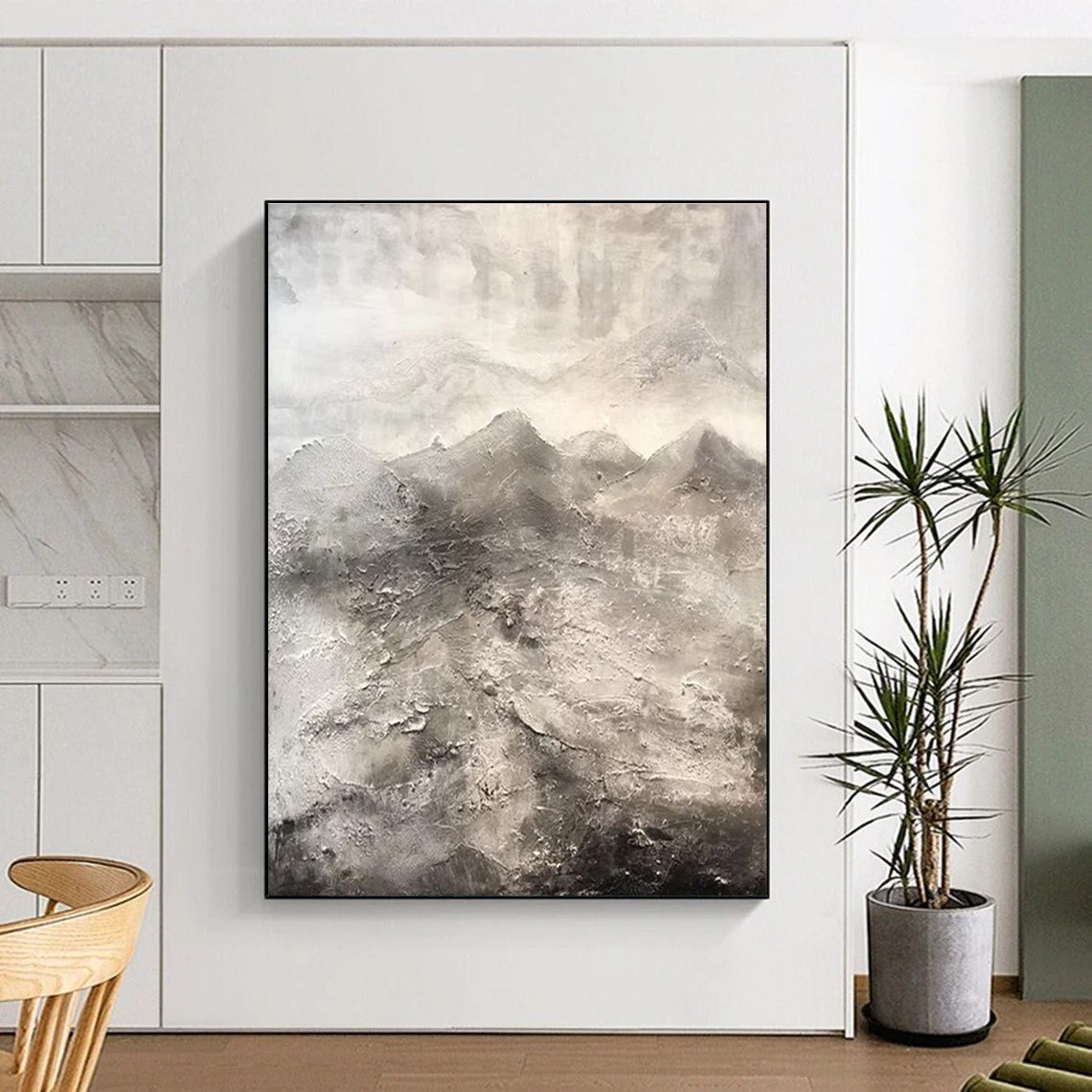 Hand-Painted Gray & White Textured Mountain Abstract, Acrylic Modern Art Painting HS251