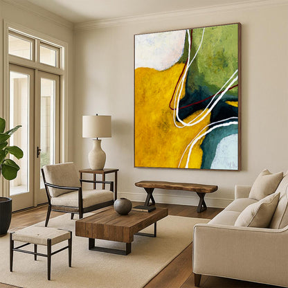 Acrylic Modern Art Paintings Yellow, Green, and White Dynamic Abstract Painting On Canvas HS822
