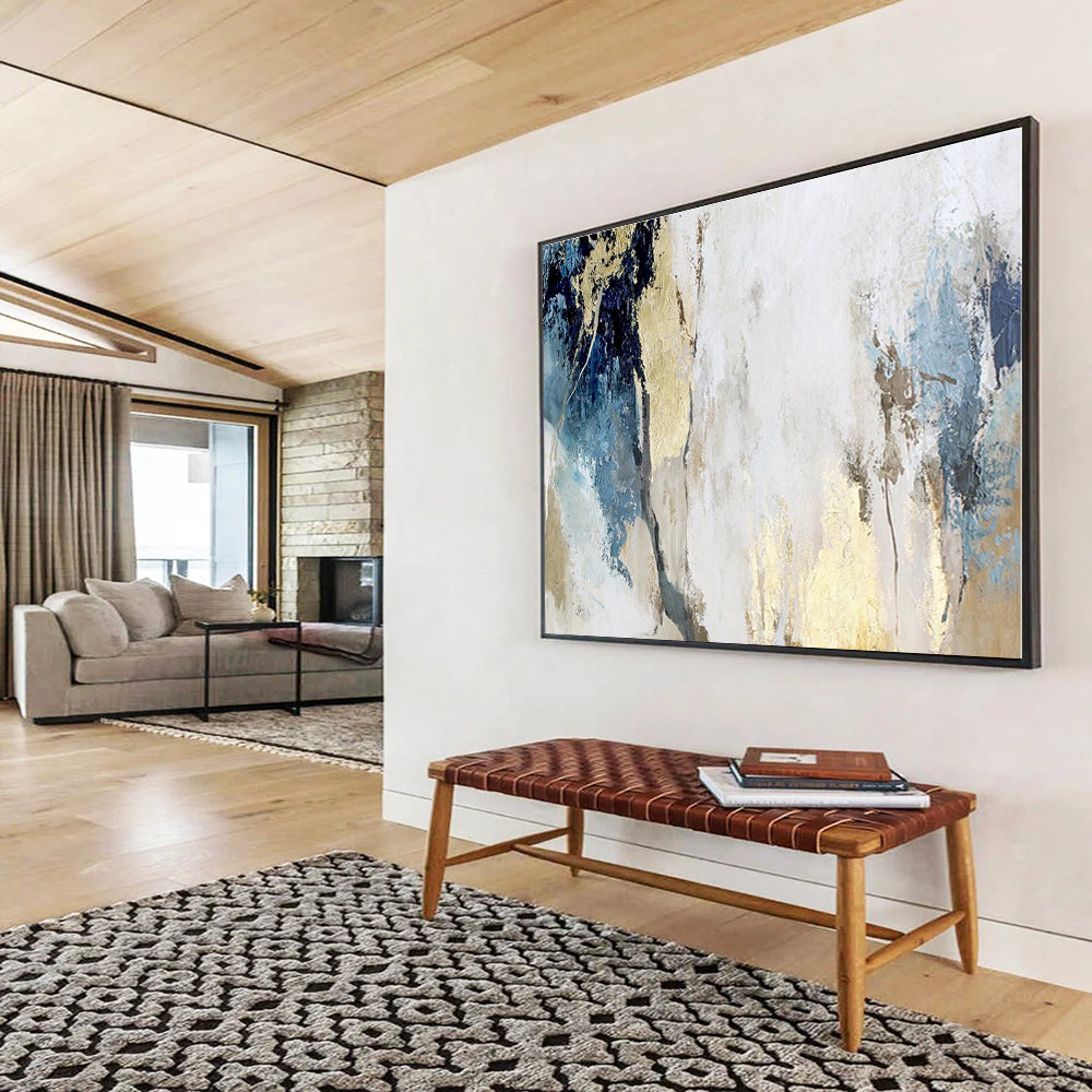 Oversized Canvas Art Blue, Gold and White Abstract Textured Painting WB112