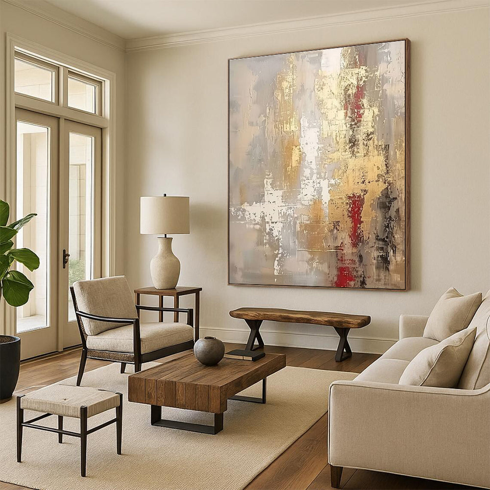 Hand Painted Art Gray, Gold, and Red Textured Abstract Art HS661