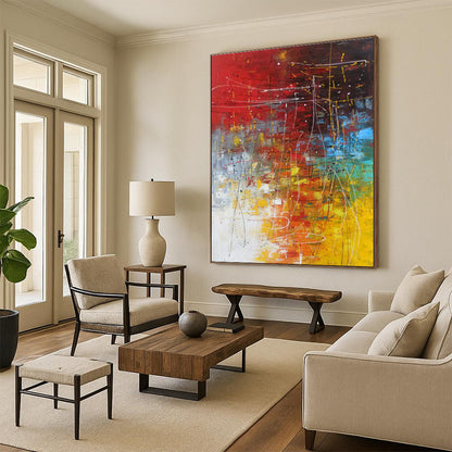 Unique Abstract Art Red, Yellow & Blue Gestural Abstract, Large Contemporary Wall Art HS249