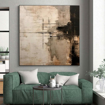 Hand Painted Art Beige & Black Abstract Geometric Composition HS373