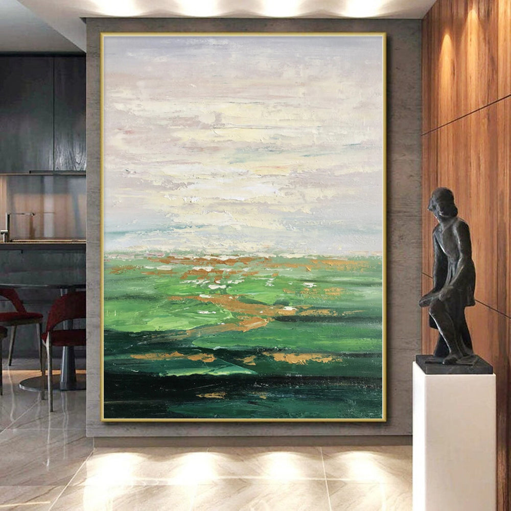 Hand-Painted Green and Gold Abstract Landscape Painting For Sale HS067