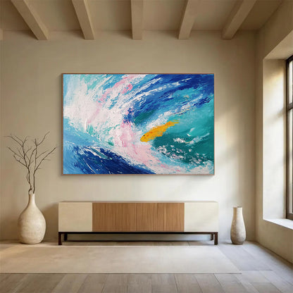 Extra Large Size Blue, Pink, and Yellow Abstract Ocean with Fish - Acrylic Painting WB289