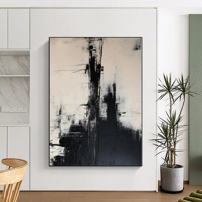 Hand-Painted Black and White Abstract Urban Landscape Painting For Sale HS056