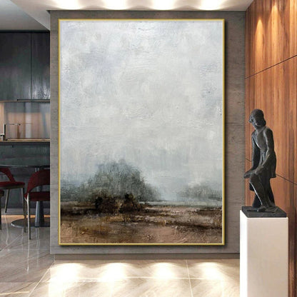 Hand-Painted Gray and Brown Abstract Misty Landscape Painting For Sale HS081