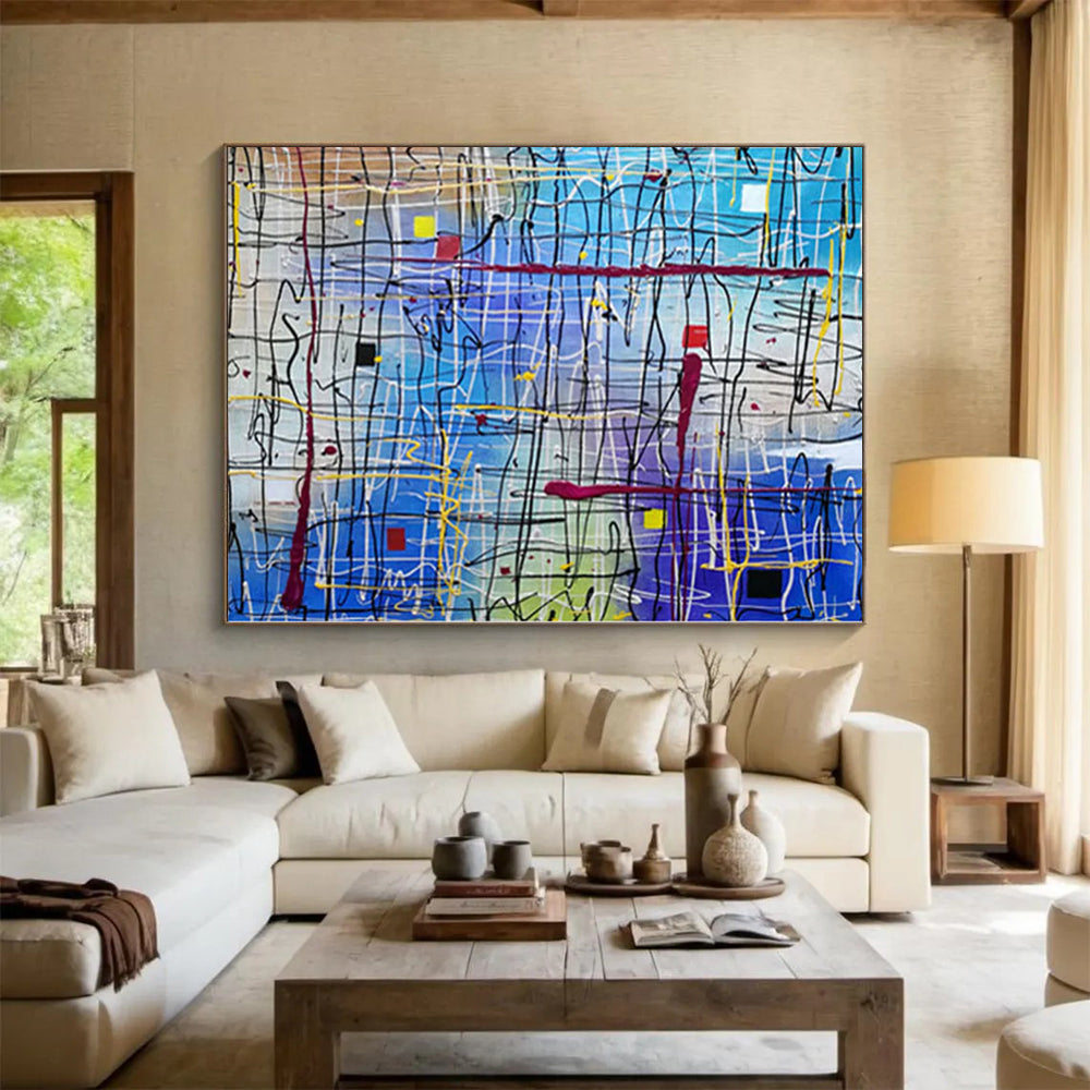 Unique Abstract Paintings Blue and Multicolor Line Abstract Painting For Sale HS099