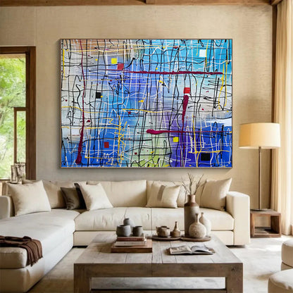 Unique Abstract Paintings Blue and Multicolor Line Abstract Painting For Sale HS099