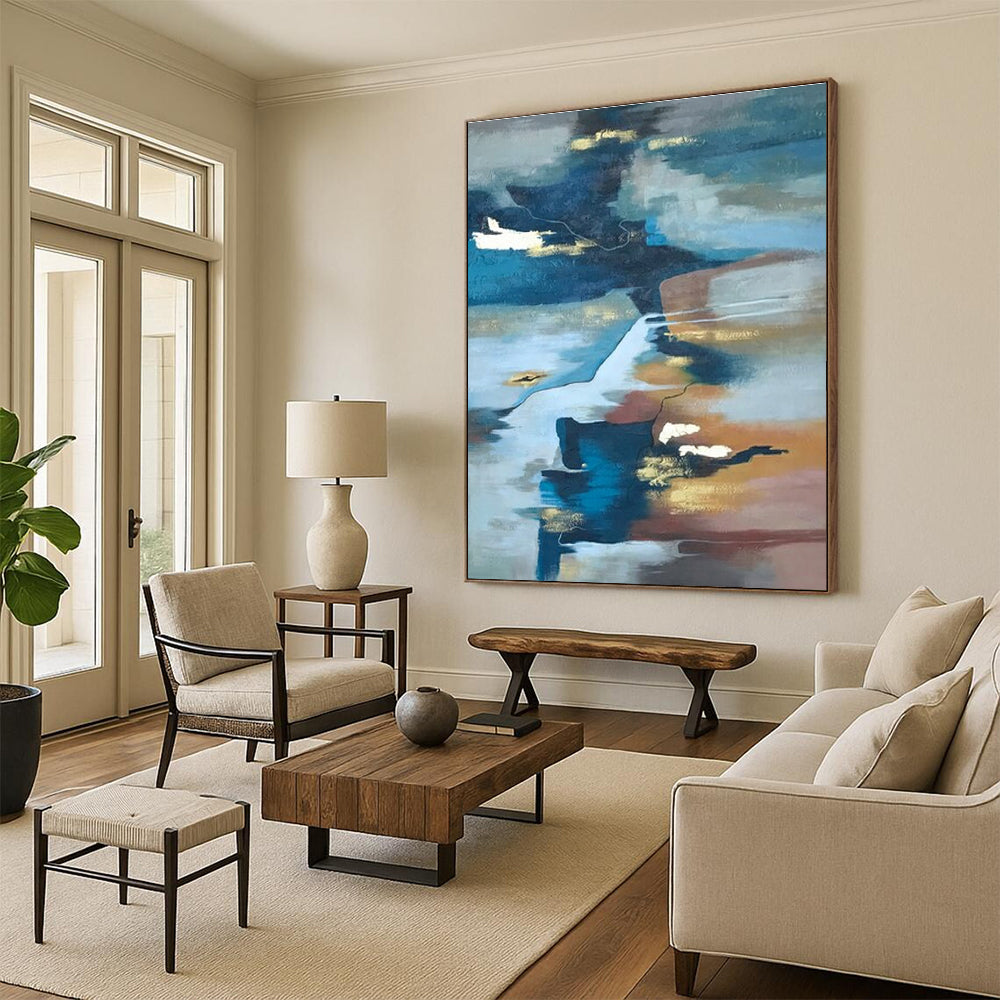 Large Contemporary Wall Art Blue, Brown, and Gold Abstract Composition HS652