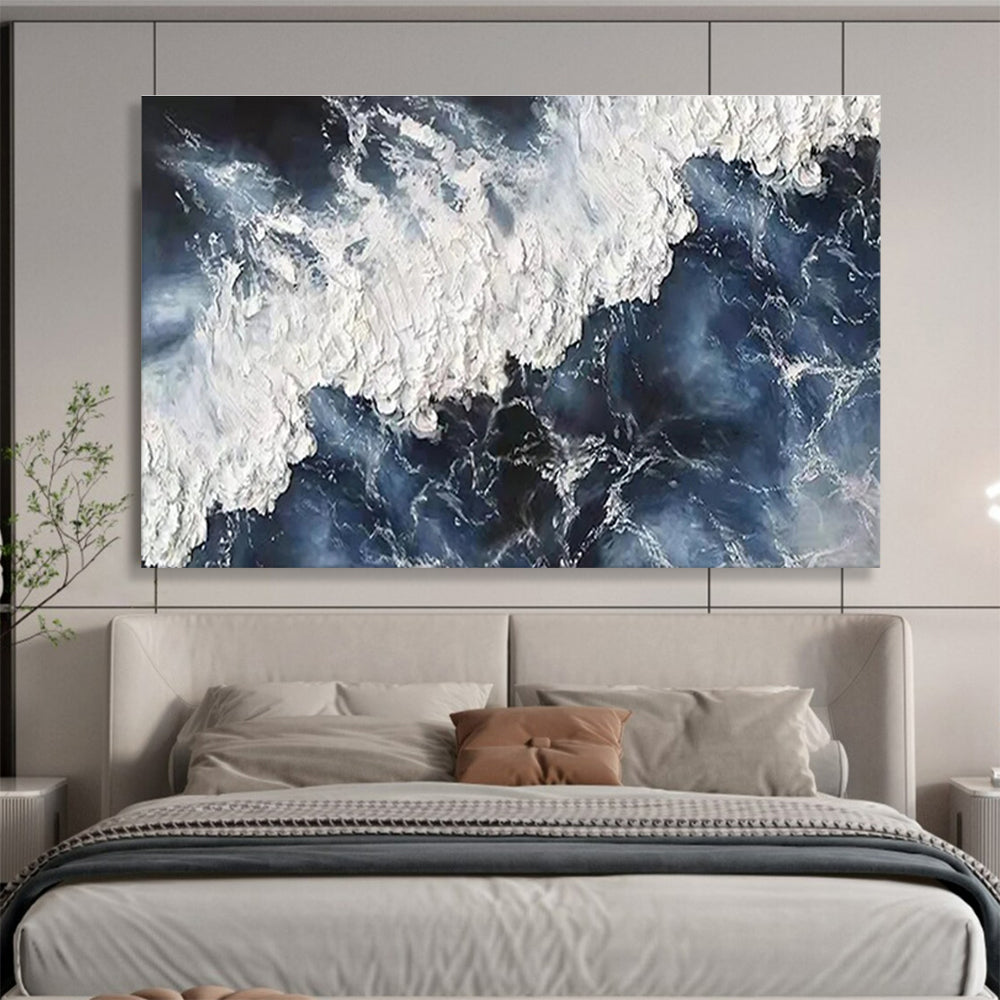 Oversized Canvas Art in Dark Blue and White Abstract Wave Style WB225