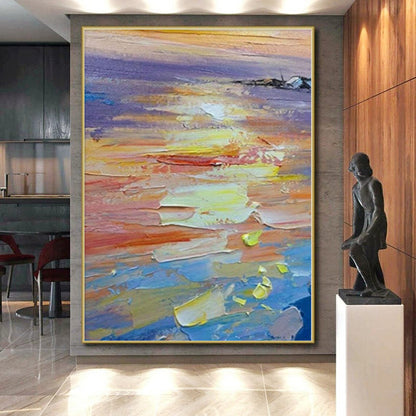 Hand-Painted Multicolor Abstract Impasto Sunset Painting For Sale HS017
