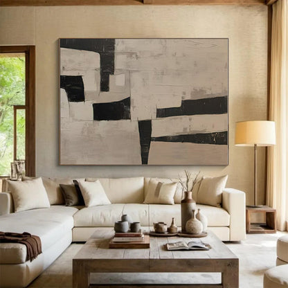 Modern Art Acrylic Black and Beige Geometric Abstract Art HS634