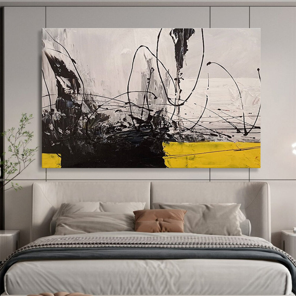 Big Size Black, White, and Yellow Abstract Linear Art, Abstract Acrylic Painting WB168