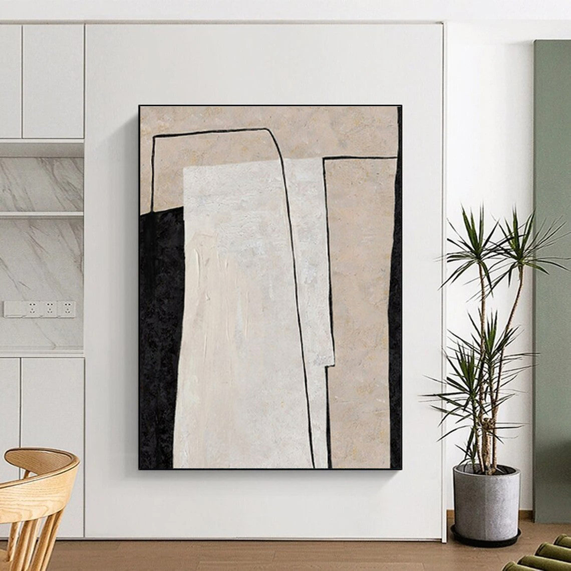 Hand Painted Art Beige, Black, and White Geometric Abstract Art HS698